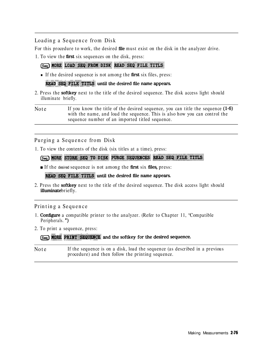 HP 8753E manual Loading a Sequence from Disk, Purging a Sequence from Disk, Printing a Sequence 