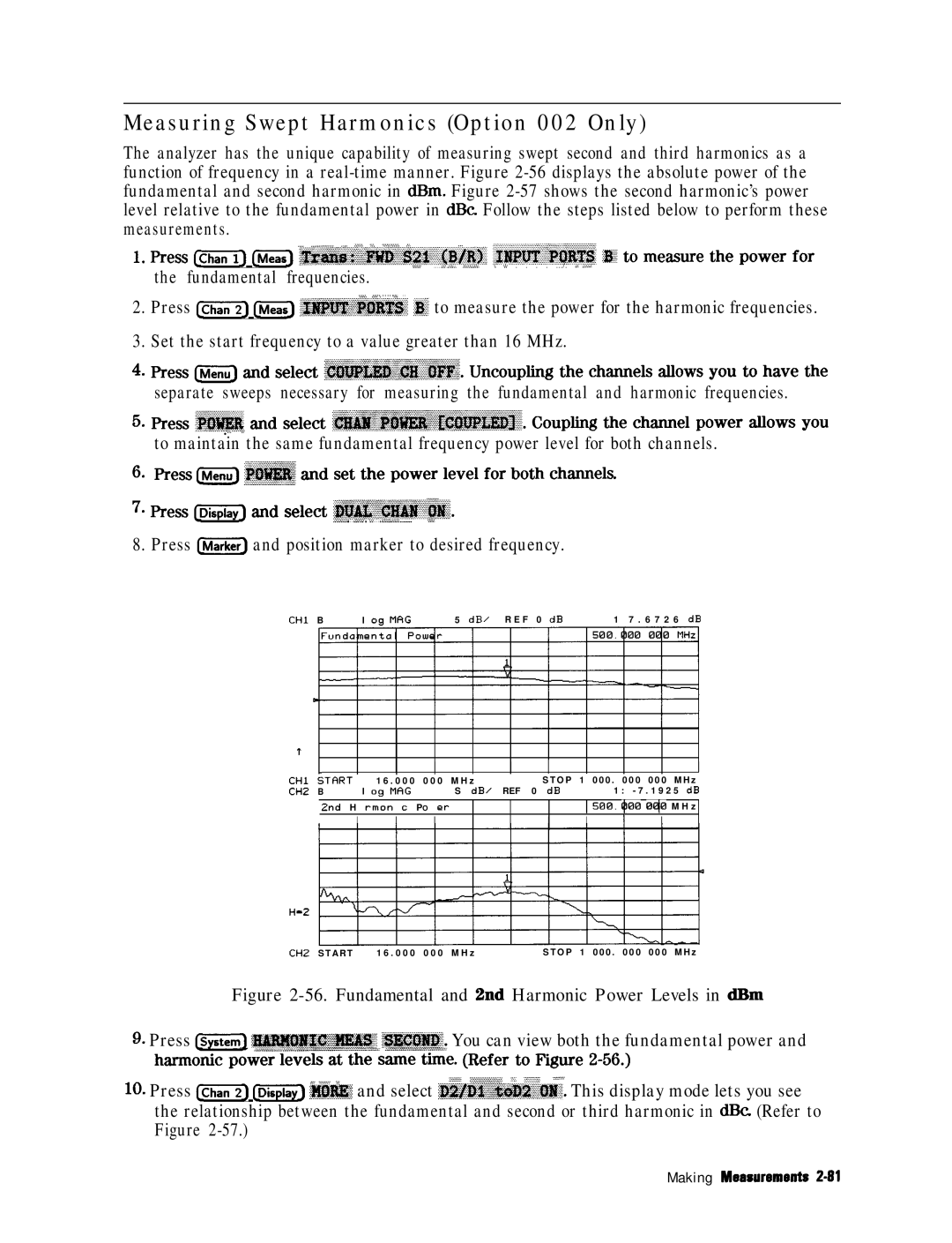 HP 8753E manual Measuring Swept Harmonics Option 002 Only, Fundamental frequencies 