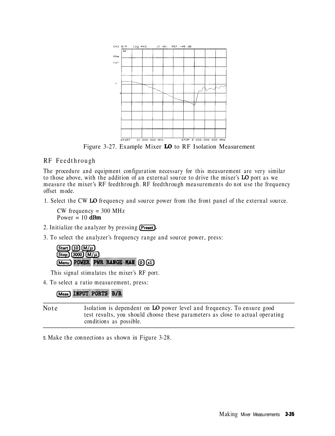 HP 8753E manual RF Feedthrough, Example Mixer ID to RF Isolation Measurement 