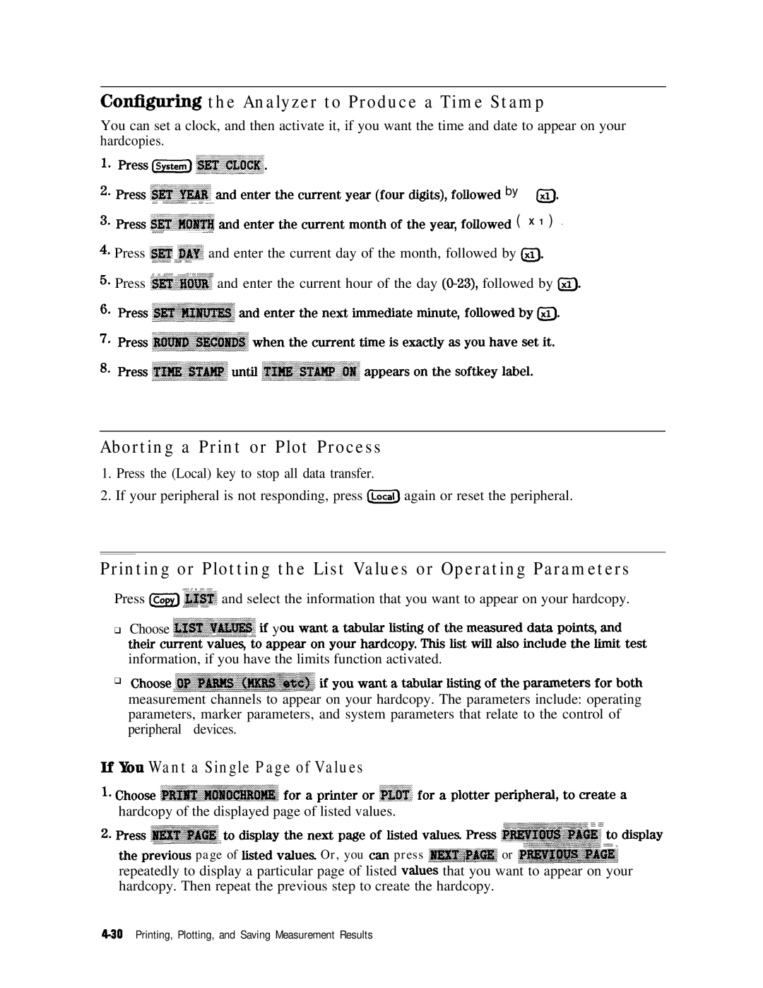 HP 8753E manual Confqjuring the Analyzer to Produce a Time Stamp, Aborting a Print or Plot Process 