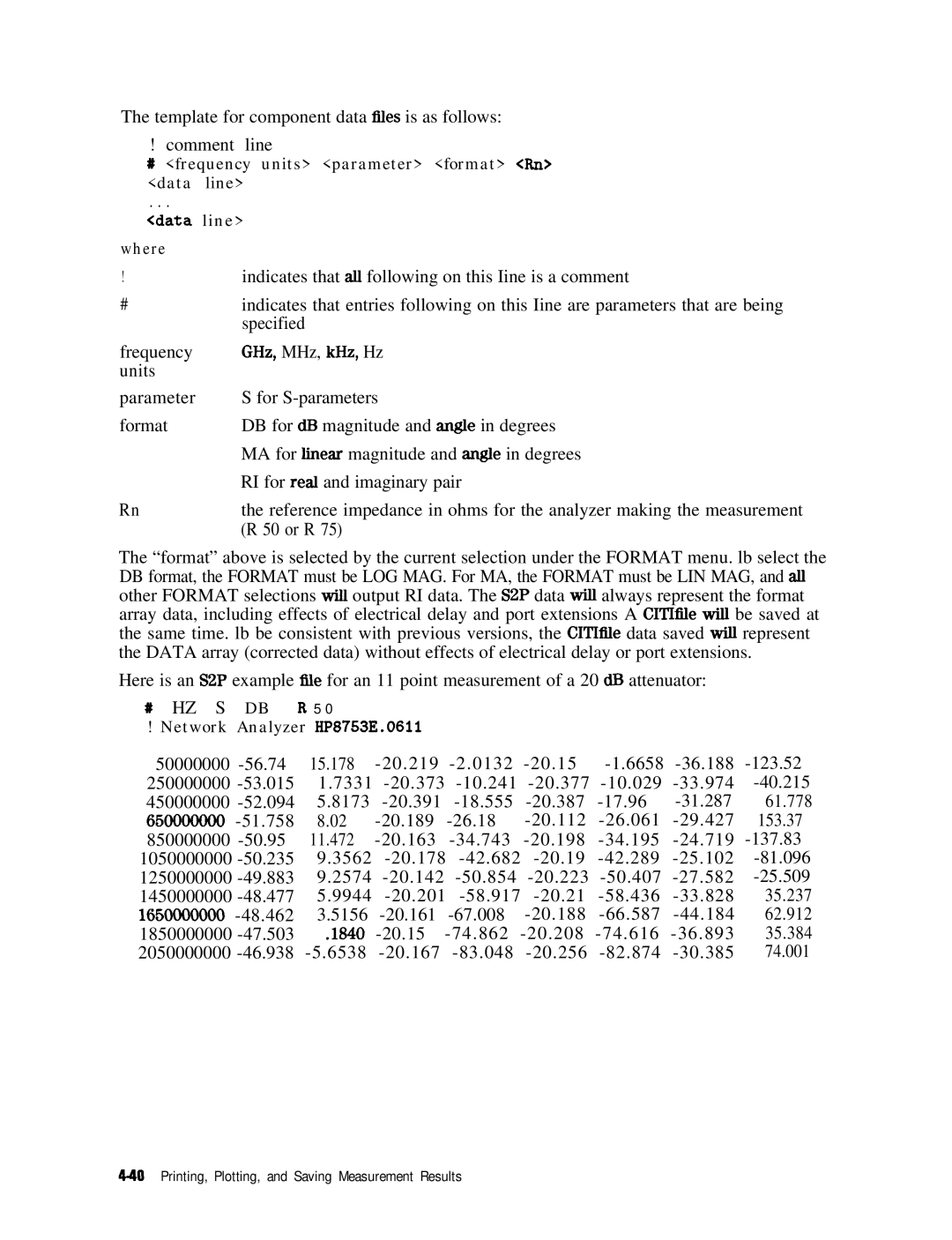 HP 8753E manual Template for component data fiIes is as follows Comment line 