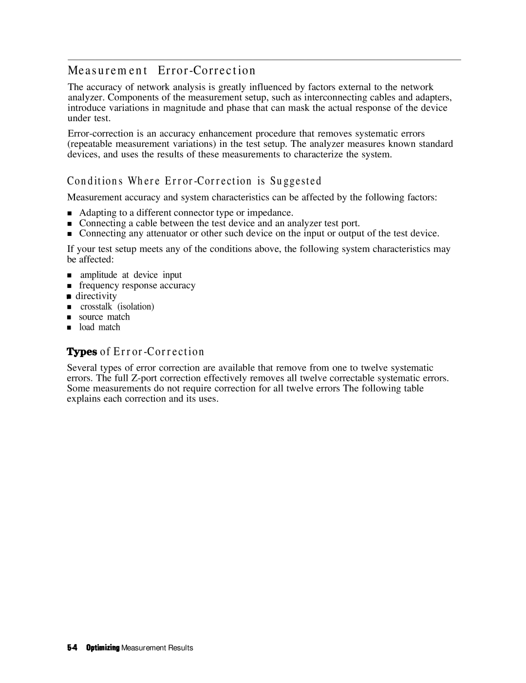 HP 8753E manual Measurement Error-Correction, Conditions Where Error-Correction is Suggested, Types of Error-Correction 