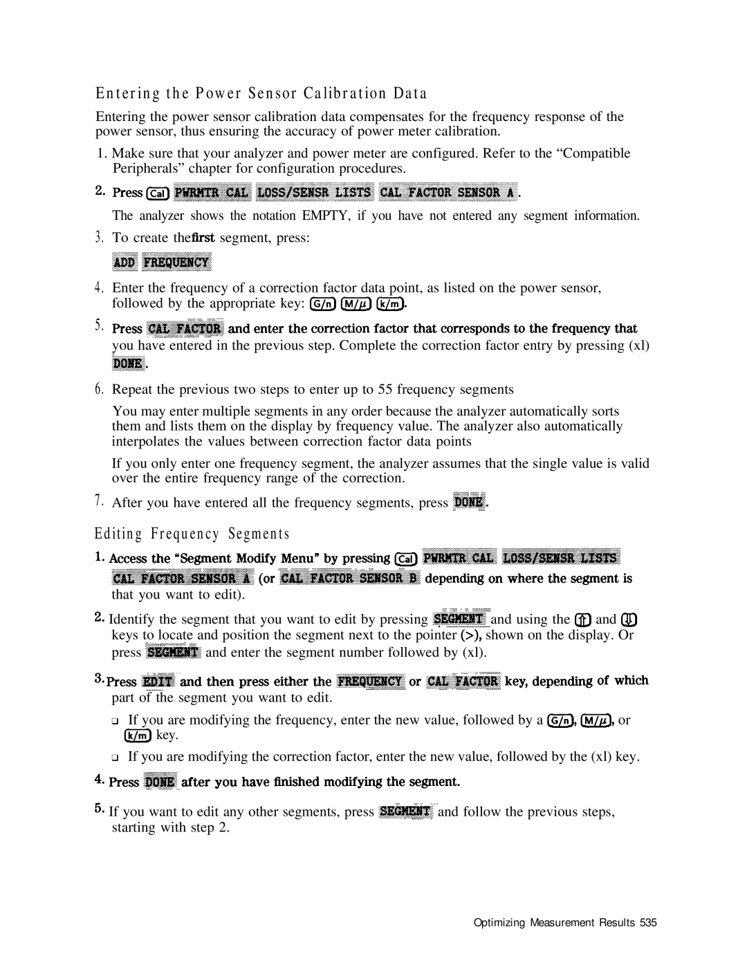 HP 8753E manual Entering the Power Sensor Calibration Data, Editing Frequency Segments 