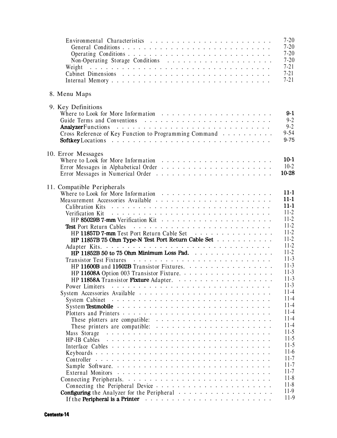 HP 8753E Menu Maps Key Definitions, Error Messages, Compatible Peripherals, 11-l 11-2 11-3 11-4 11-5 11-6 11-7 11-8 11-9 