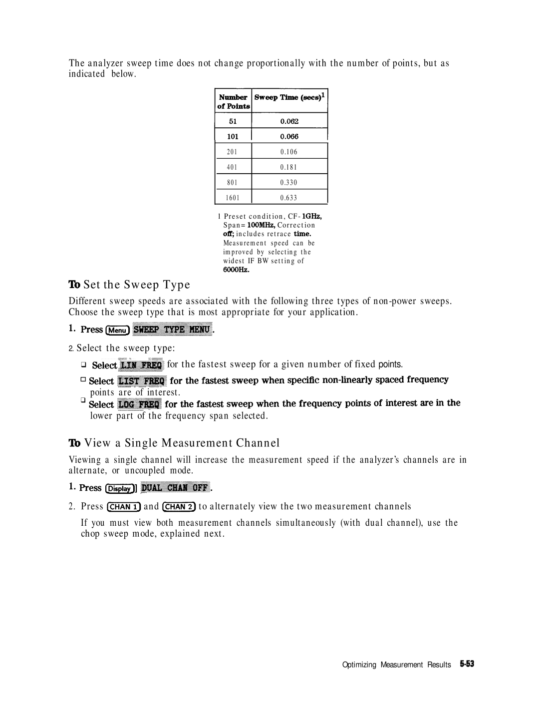 HP 8753E manual Lb Set the Sweep Type, Lb View a Single Measurement Channel, Select the sweep type, Points are of interest 