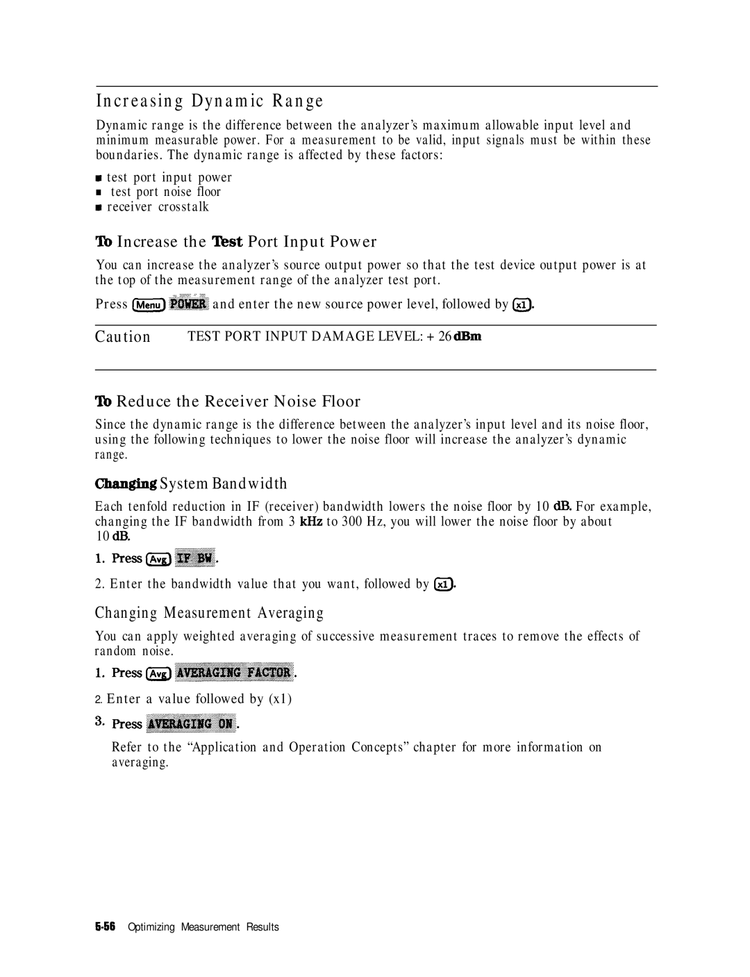 HP 8753E manual Increasing Dynamic Range, To Increase the Test Port Input Power, To Reduce the Receiver Noise Floor 