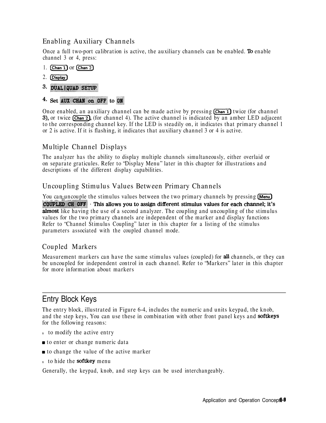 HP 8753E manual Entry Block Keys, Enabling Auxiliary Channels, Multiple Channel Displays, Coupled Markers 