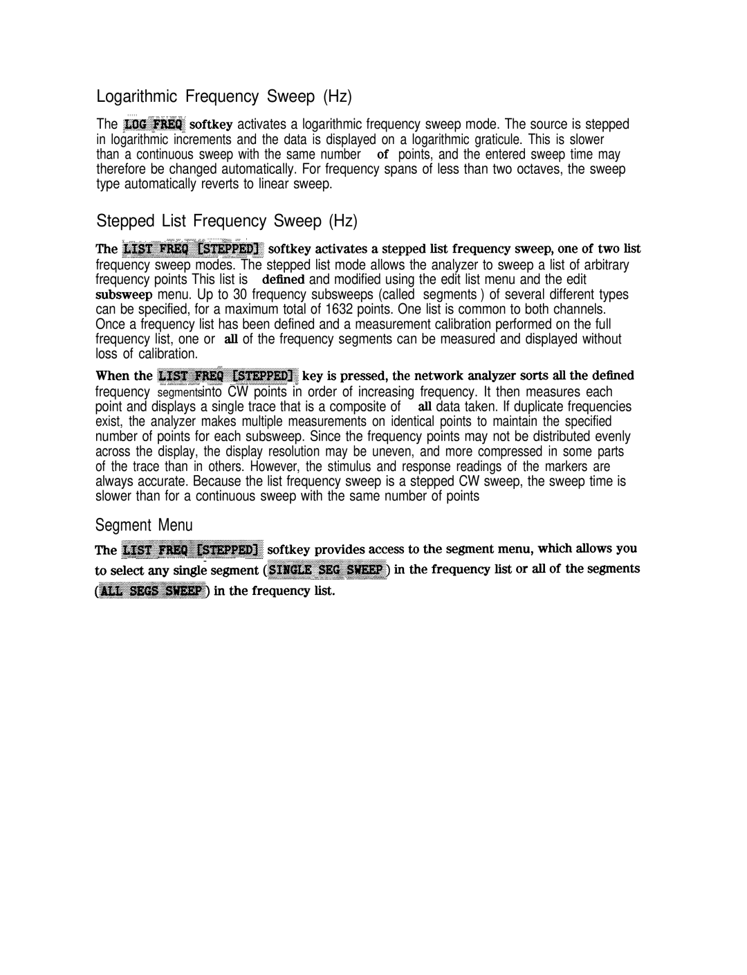 HP 8753E manual Logarithmic Frequency Sweep Hz, Stepped List Frequency Sweep Hz, Segment Menu, Loss of calibration 