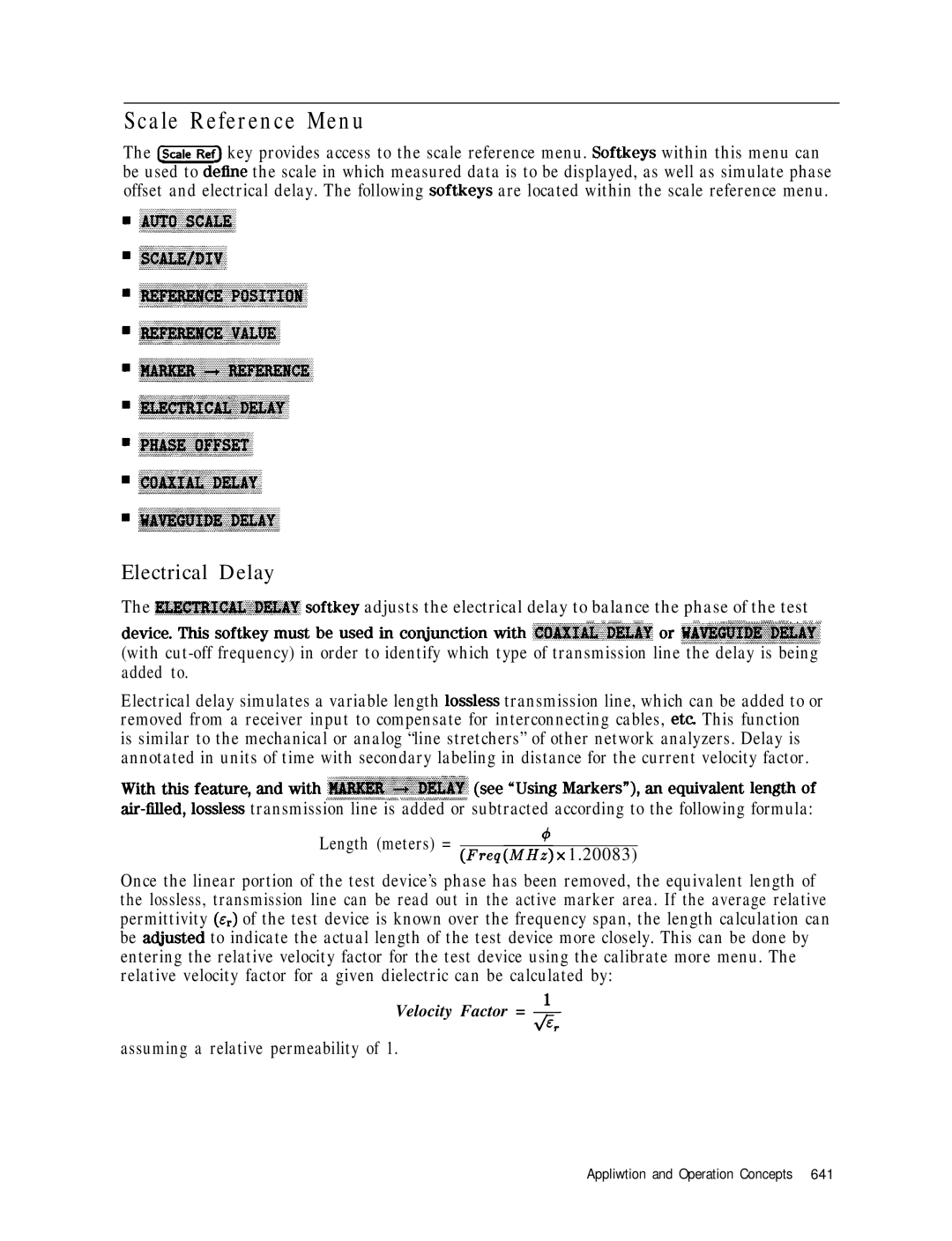 HP 8753E manual Scale Reference Menu, Electrical Delay, Or ~~~~~~~~~~, Assuming a relative permeability 