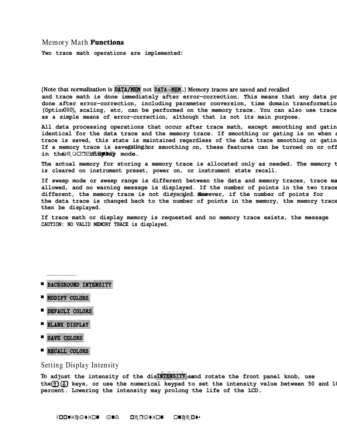 HP 8753E manual Memory Math F’unctions, Setting Display Intensity, Two trace math operations are implemented 