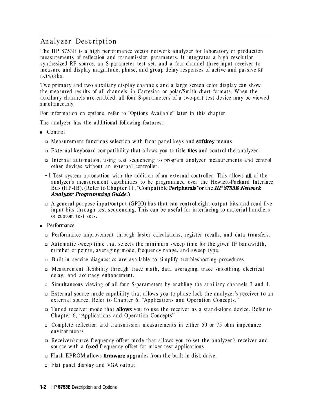 HP 8753E manual Analyzer Description, Control, Performance 