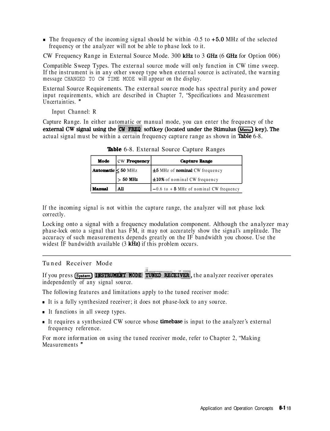 HP 8753E manual ‘lhble 6-8. External Source Capture Ranges, CW=e Bange, If you press @KJ ~~~~~~~~~~ 