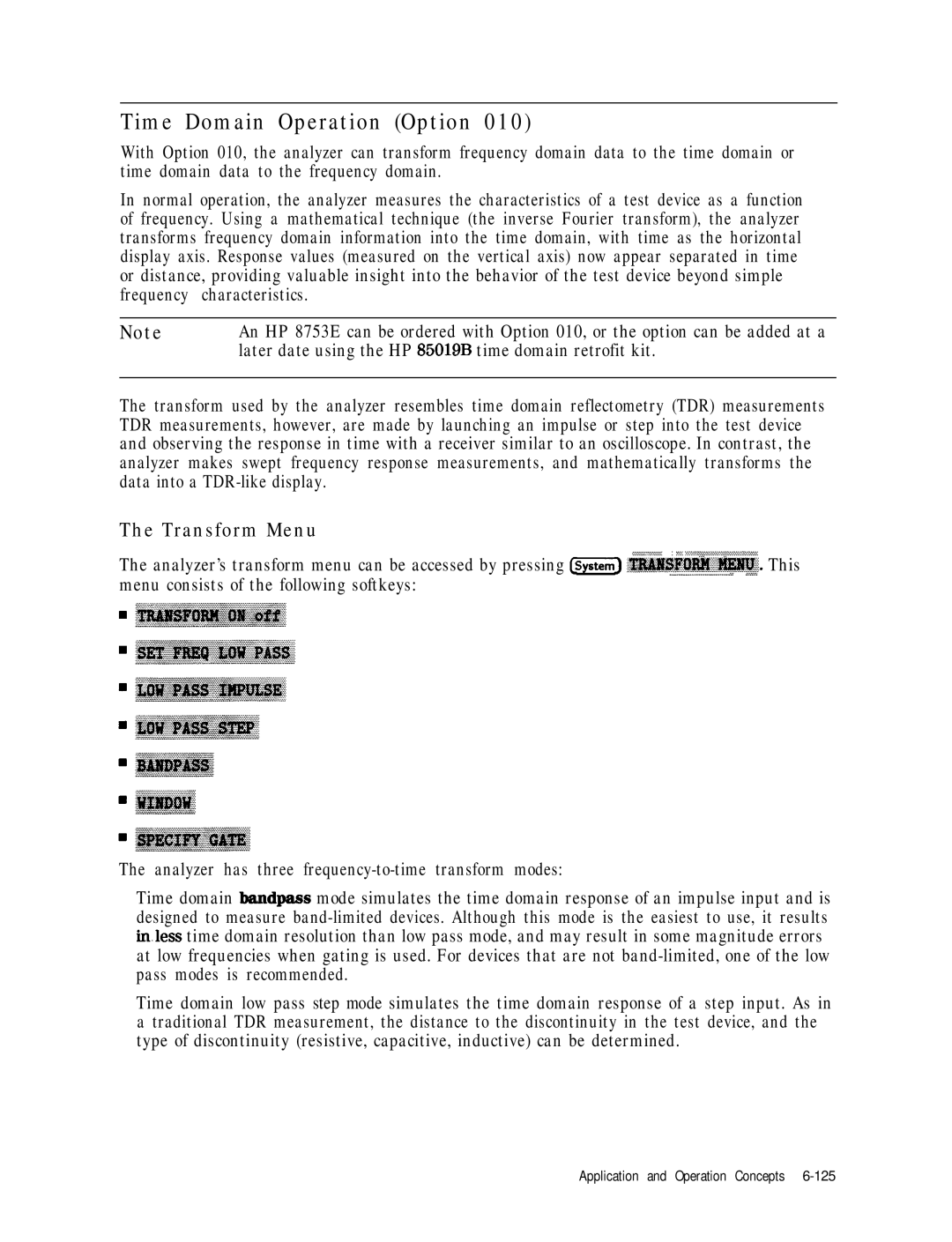 HP 8753E manual Time Domain Operation Option, Transform Menu 