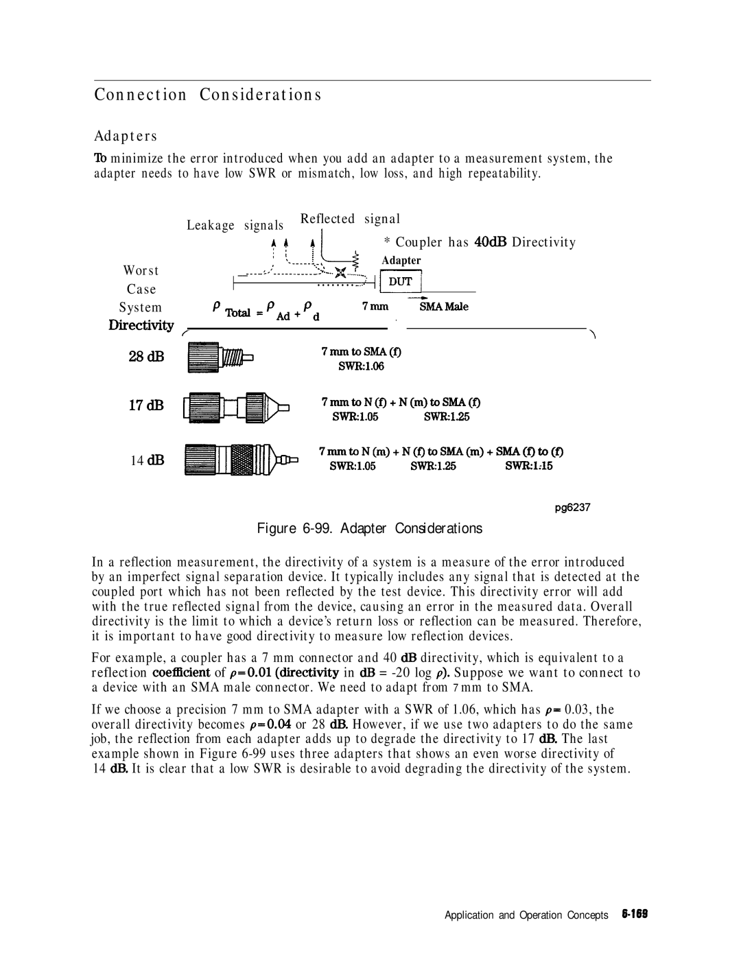 HP 8753E manual Connection Considerations, Adapters, Worst Case System DiBtiVity 28d.B 17dEI 14 dE3, Reflected Signal 