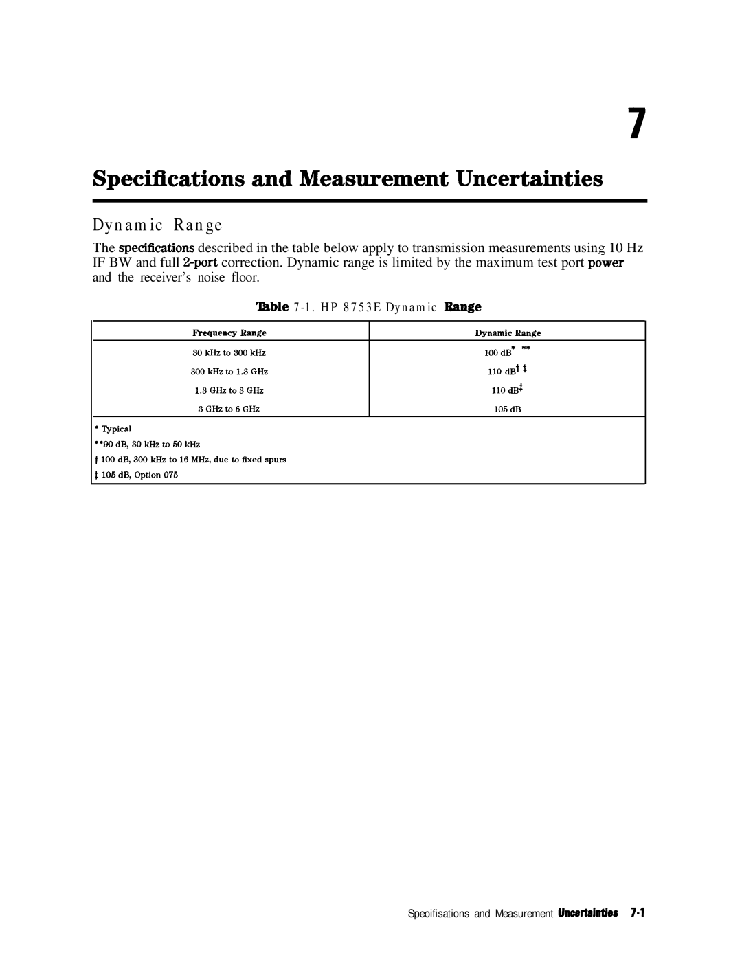 HP 8753E manual Specifkations and Measurement Uncertainties, Dynamic Range 