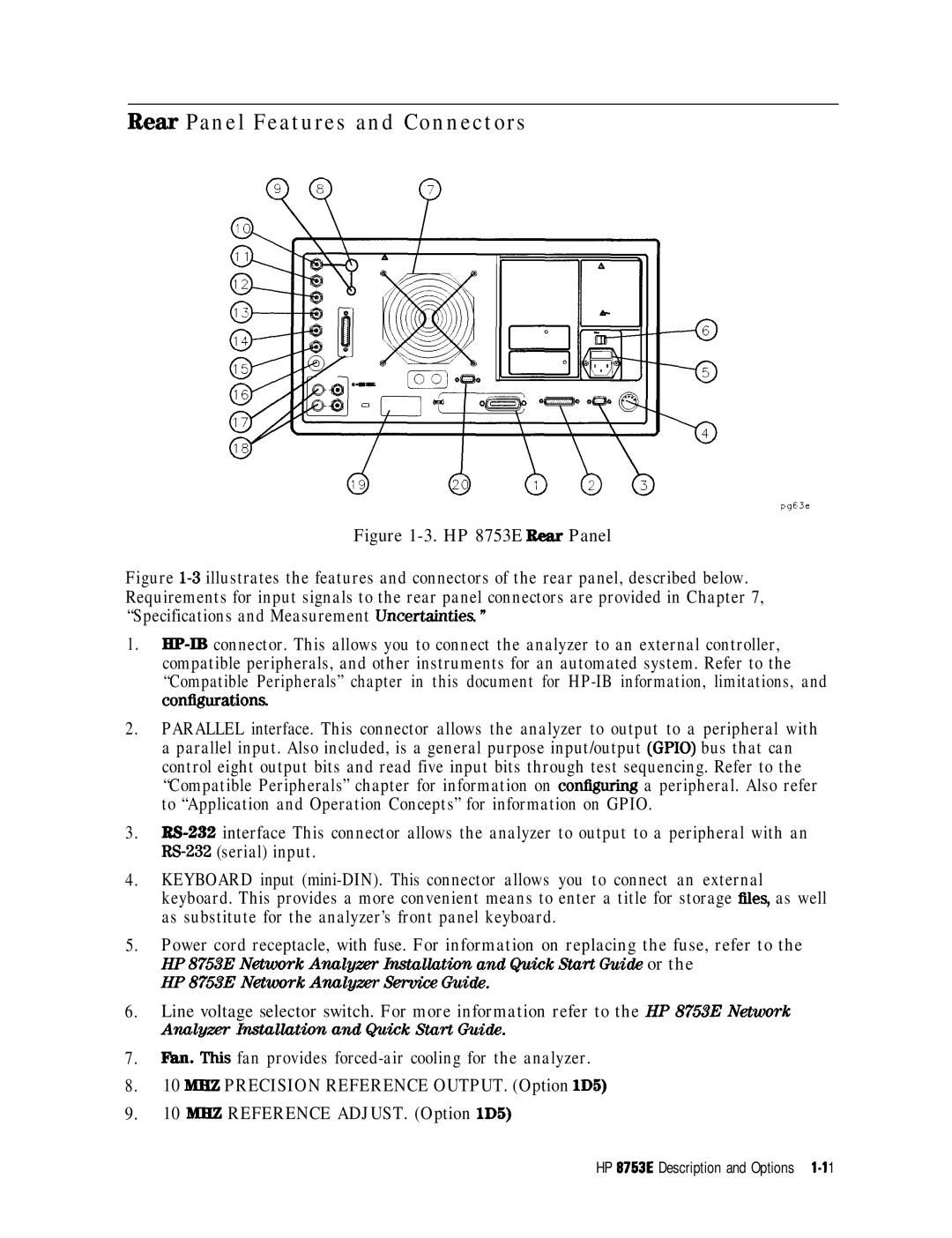 HP 8753E manual Rear Panel Features and Connectors, n. This fan provides forced-air cooling for the analyzer 