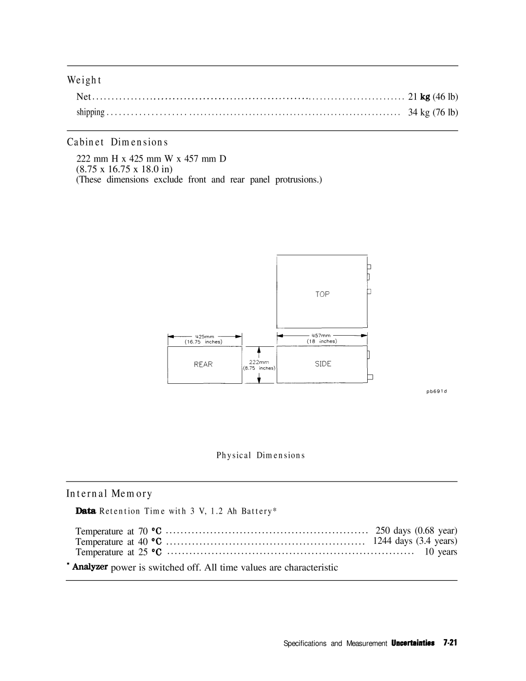 HP 8753E manual Weight, Cabinet Dimensions, Internal Memory 