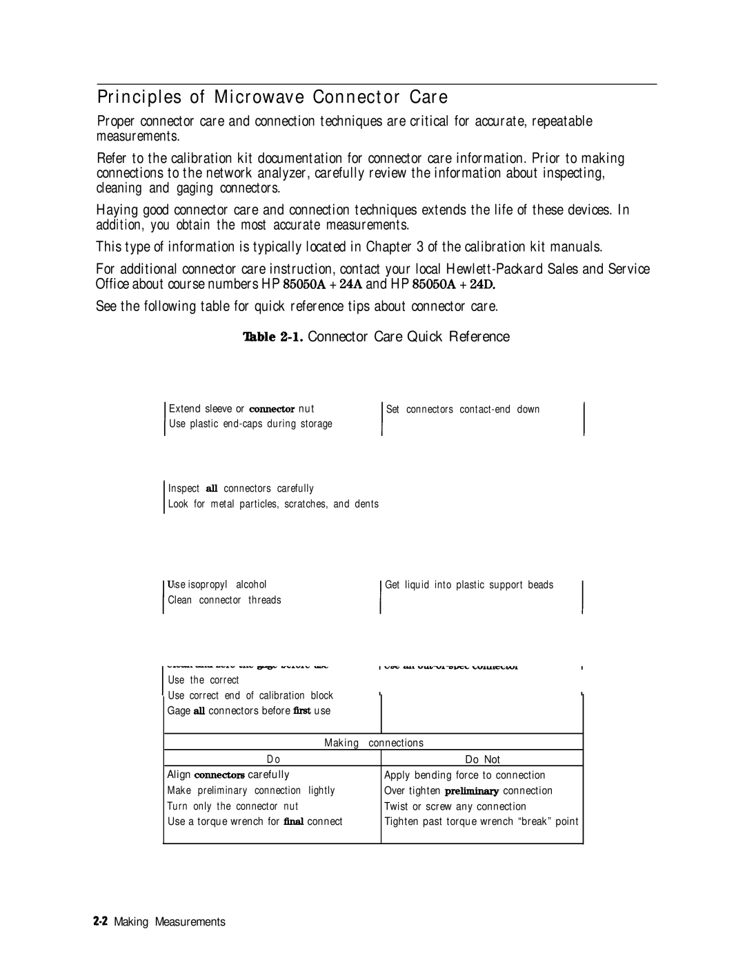 HP 8753E manual Principles of Microwave Connector Care, ‘lhble 2-l. Connector Care Quick Reference 