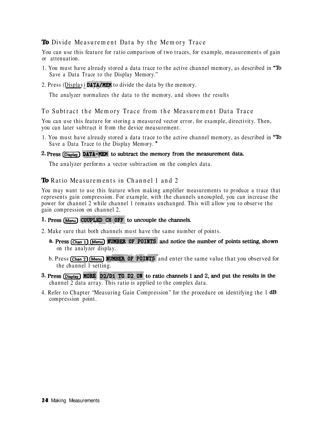 HP 8753E manual To Divide Measurement Data by the Memory Trace, ‘RI Ratio Measurements in Channel 1 