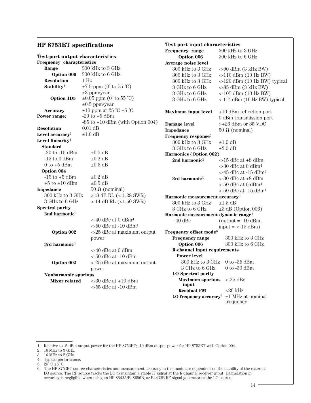 HP manual HP 8753ET specifications, Test-port output characteristics, KHz to 3 GHz, Option 006 300 kHz to 6 GHz 