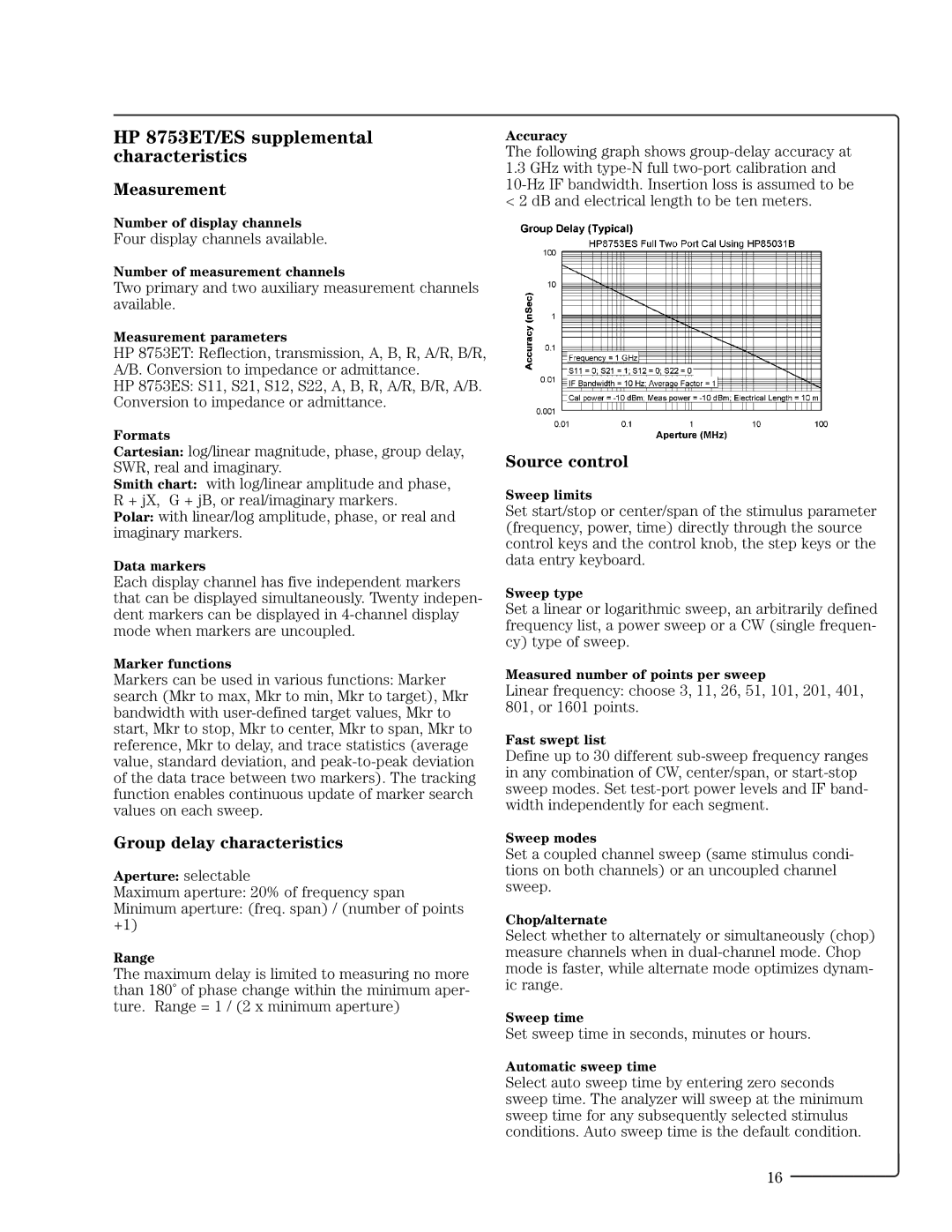 HP manual HP 8753ET/ES supplemental characteristics, Measurement, Group delay characteristics, Source control 