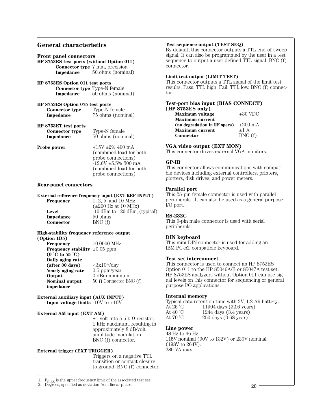 HP 8753ET manual General characteristics 