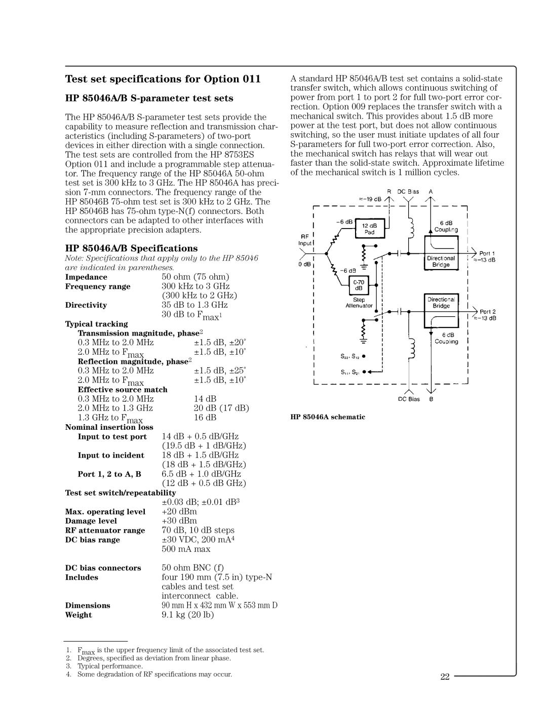 HP 8753ET manual Test set specifications for Option, HP 85046A/B S-parameter test sets, HP 85046A/B Specifications 