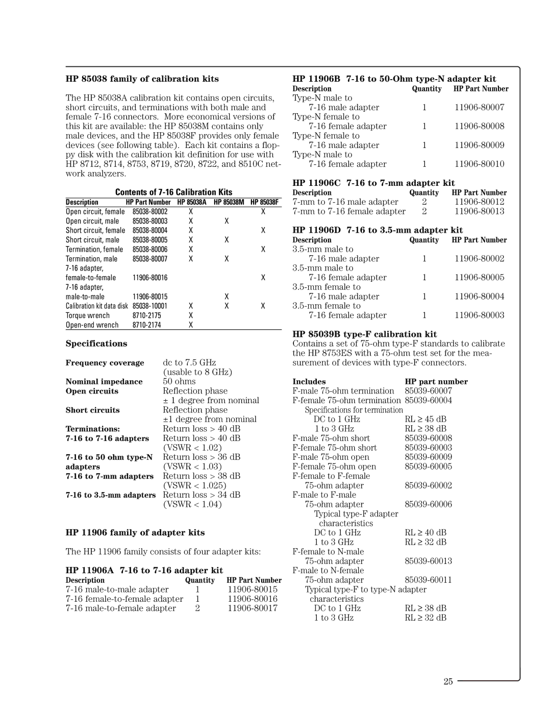HP 8753ET manual HP 85038 family of calibration kits, HP 11906B 7-16 to 50-Ohm type-N adapter kit 