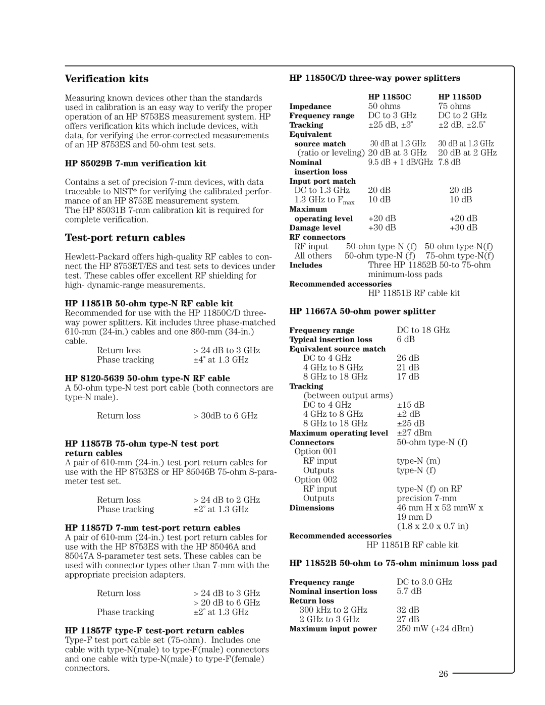 HP 8753ET manual Verification kits, Test-port return cables 