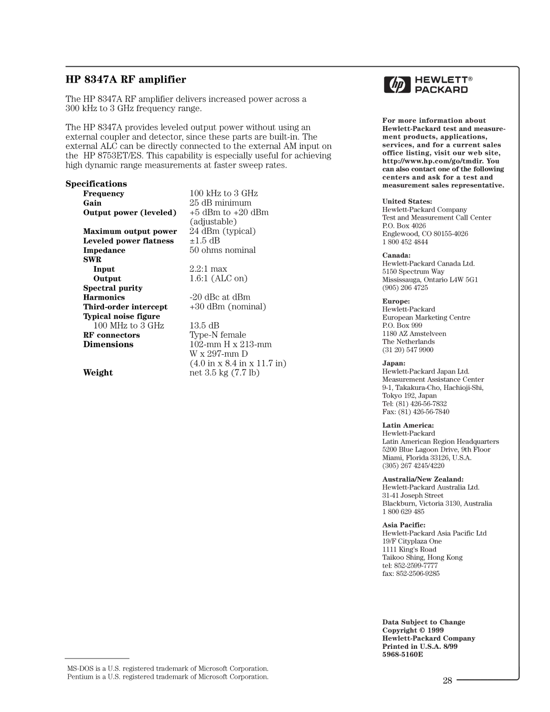 HP 8753ET manual HP 8347A RF amplifier, Dimensions, Weight 