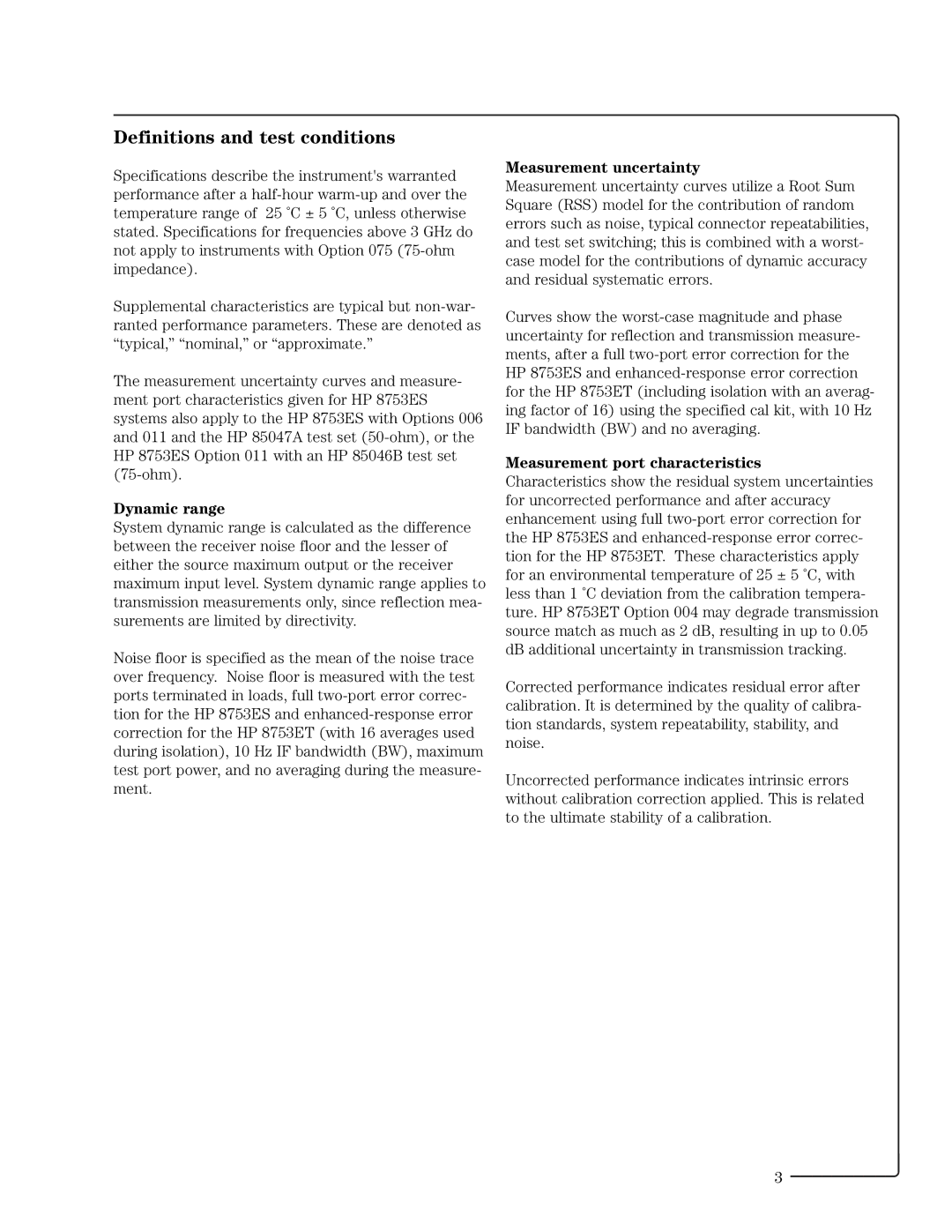 HP 8753ET manual Definitions and test conditions, Dynamic range, Measurement uncertainty, Measurement port characteristics 