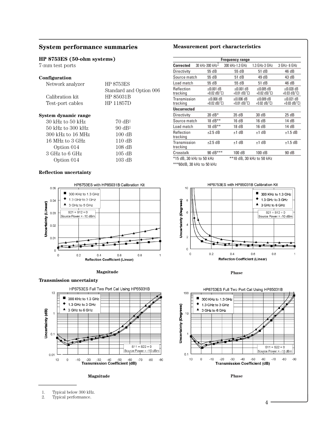 HP 8753ET manual System performance summaries, HP 8753ES 50-ohm systems, Mm test ports, Network analyzer HP 8753ES 