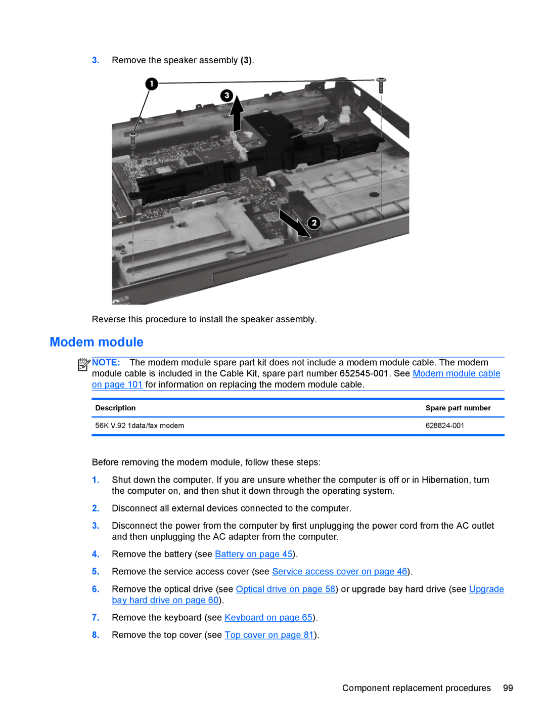 HP 8760w H3F93US 17.3' 8760W, 8760w H3F93US 17.3' H3F93US#ABA manual Modem module 