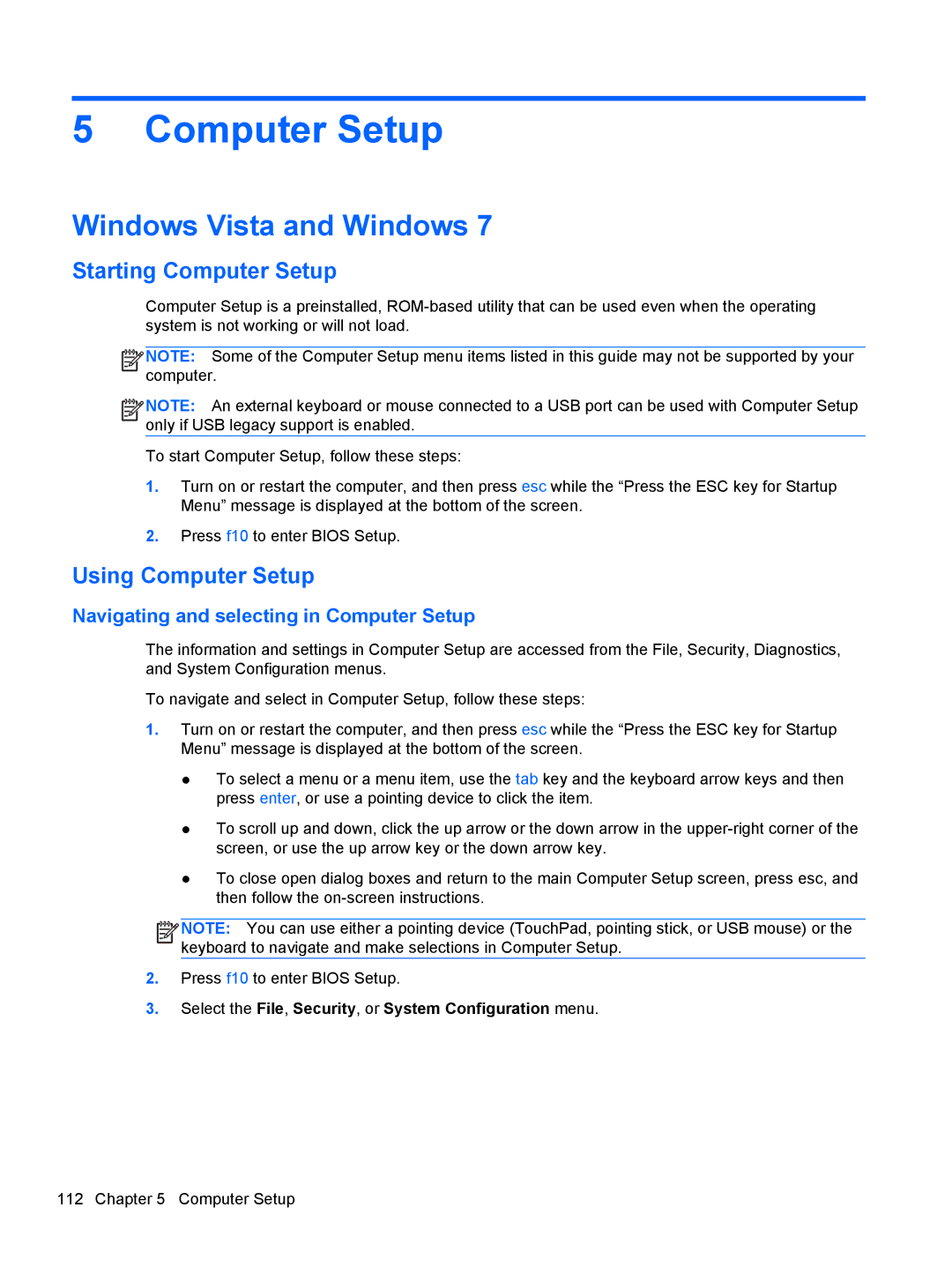 HP 8760w H3F93US 17.3' H3F93US#ABA manual Windows Vista and Windows, Starting Computer Setup, Using Computer Setup 