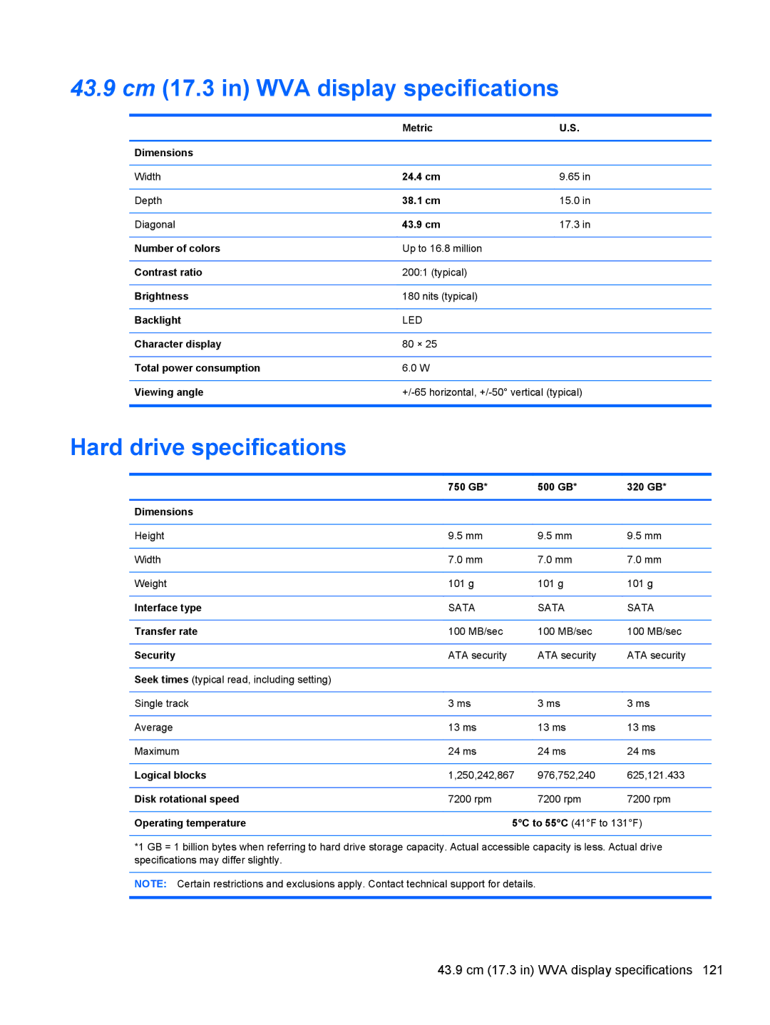 HP 8760w H3F93US 17.3' 8760W manual 43.9 cm 17.3 in WVA display specifications, Hard drive specifications 