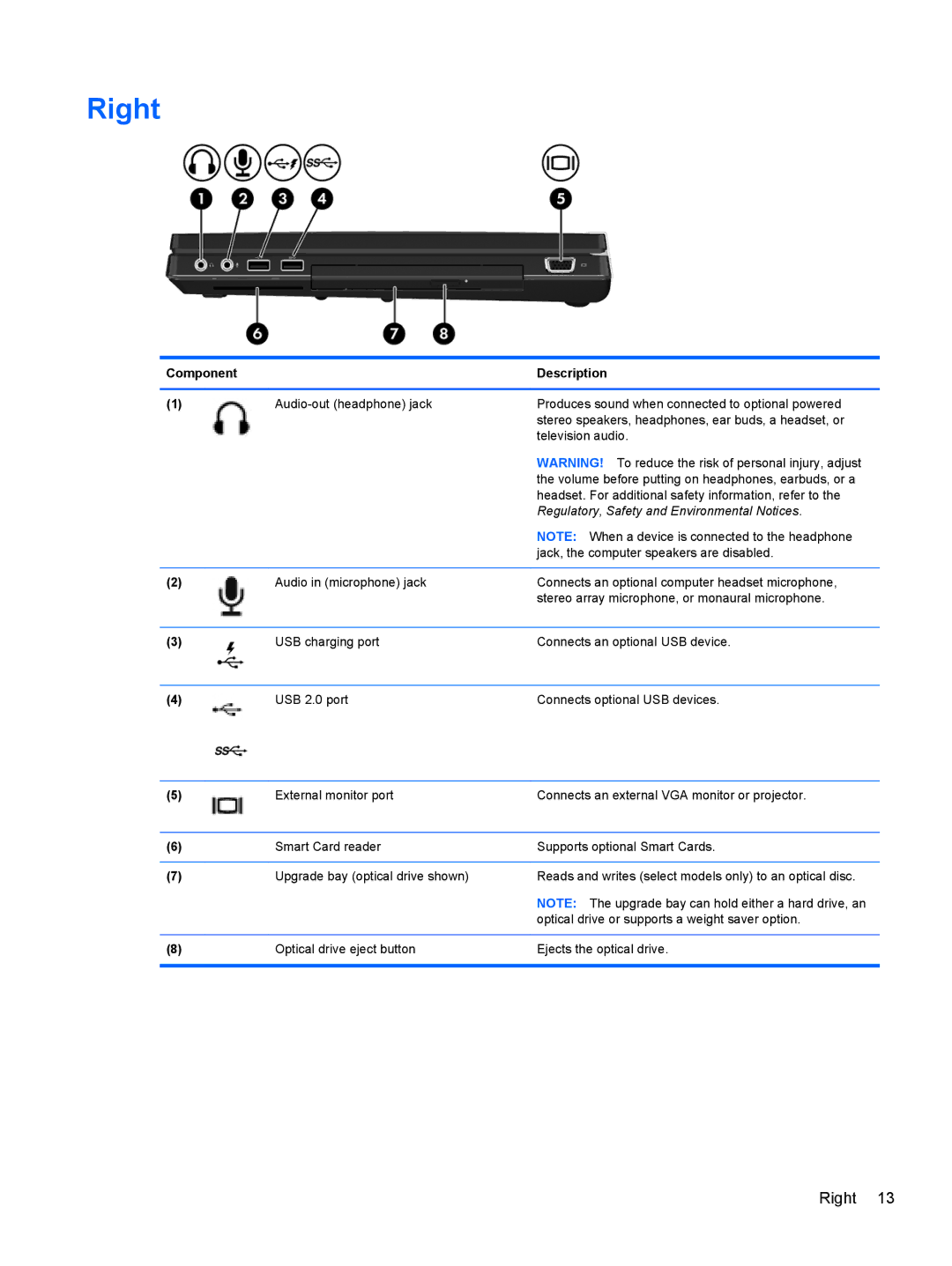 HP 8760w H3F93US 17.3' 8760W, 8760w H3F93US 17.3' H3F93US#ABA manual Right, Regulatory, Safety and Environmental Notices 