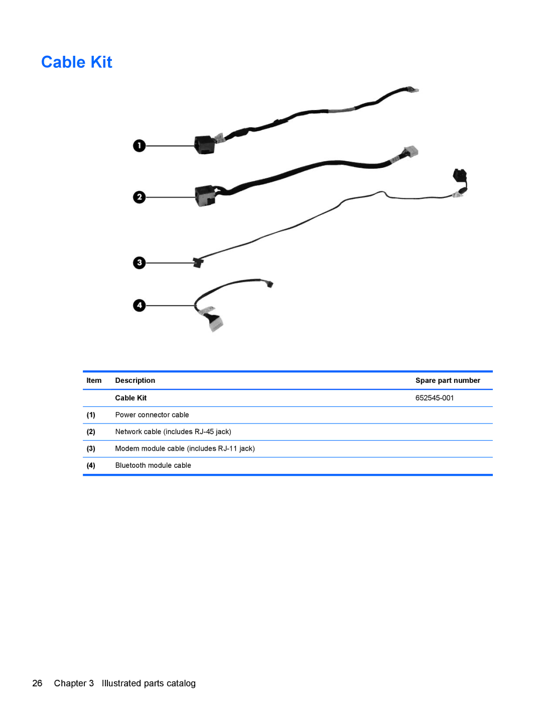 HP 8760w H3F93US 17.3' H3F93US#ABA, 8760w H3F93US 17.3' 8760W manual Description Spare part number Cable Kit 652545-001 