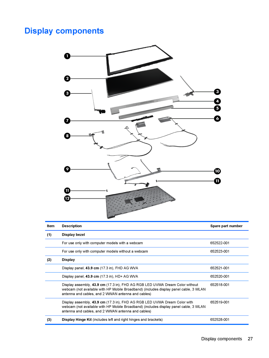 HP 8760w H3F93US 17.3' 8760W manual Display components, Description Spare part number Display bezel 