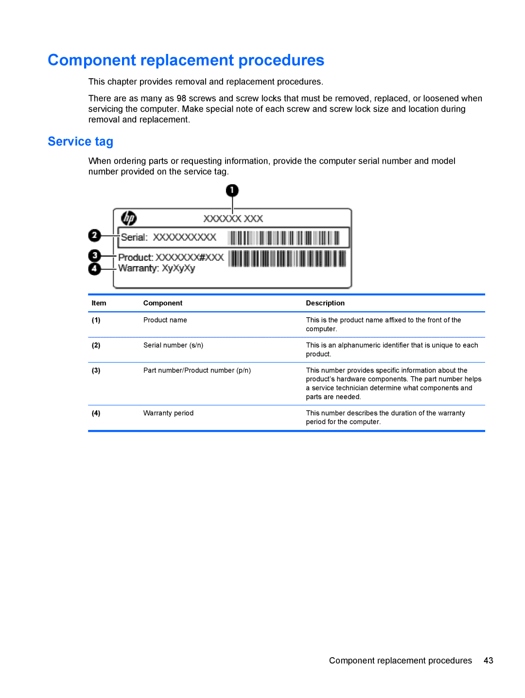 HP 8760w H3F93US 17.3' 8760W, 8760w H3F93US 17.3' H3F93US#ABA manual Component replacement procedures, Service tag 