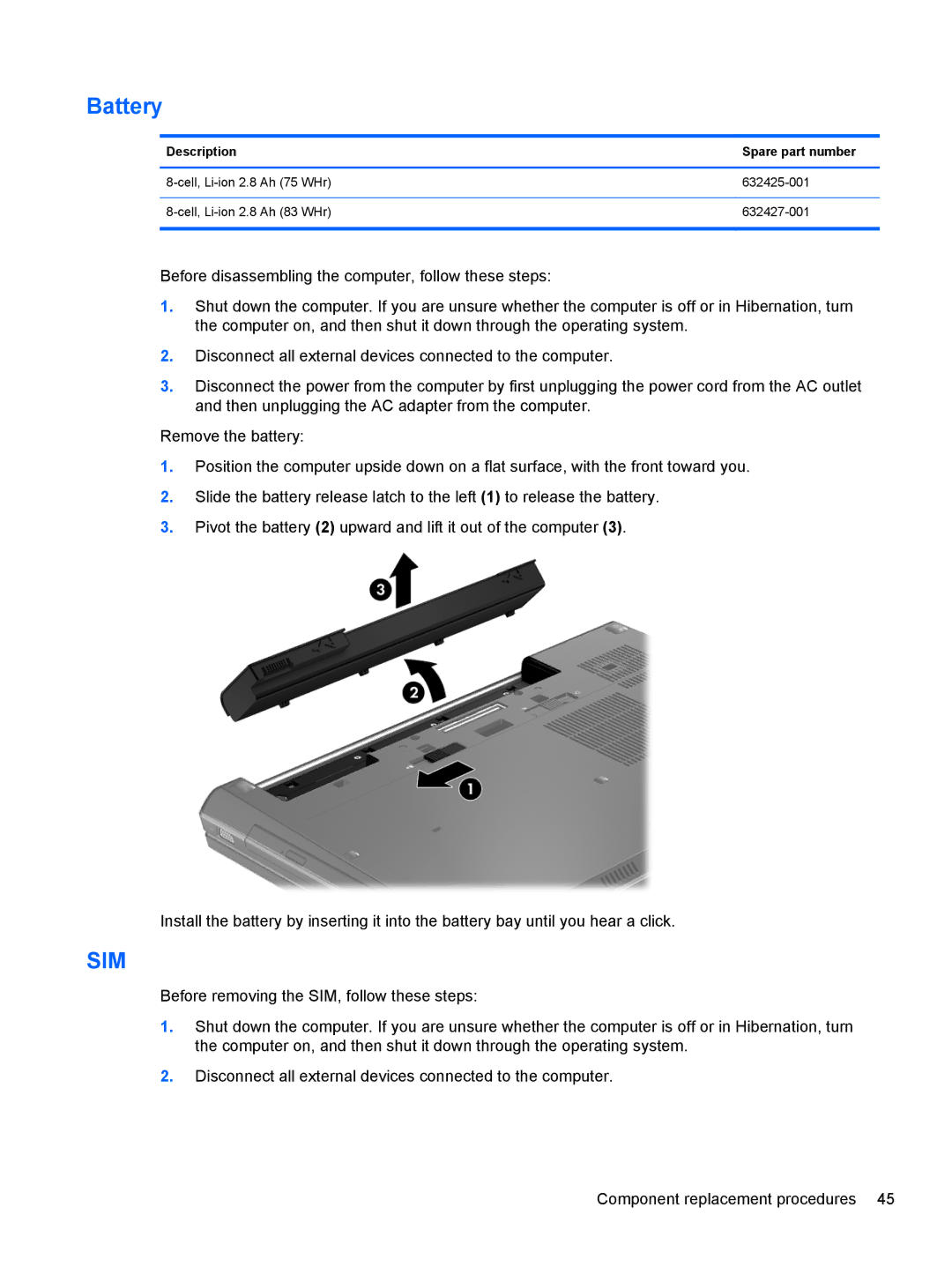 HP 8760w H3F93US 17.3' 8760W, 8760w H3F93US 17.3' H3F93US#ABA manual Battery, Sim 