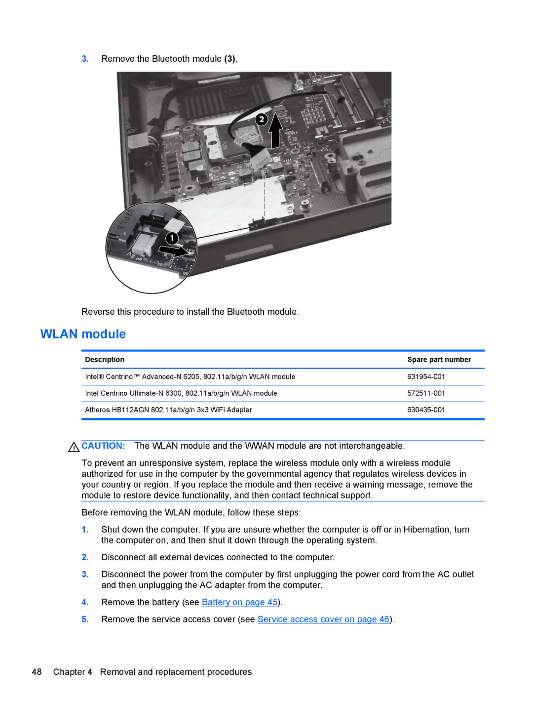 HP 8760w H3F93US 17.3' H3F93US#ABA, 8760w H3F93US 17.3' 8760W manual Wlan module, Description Spare part number 