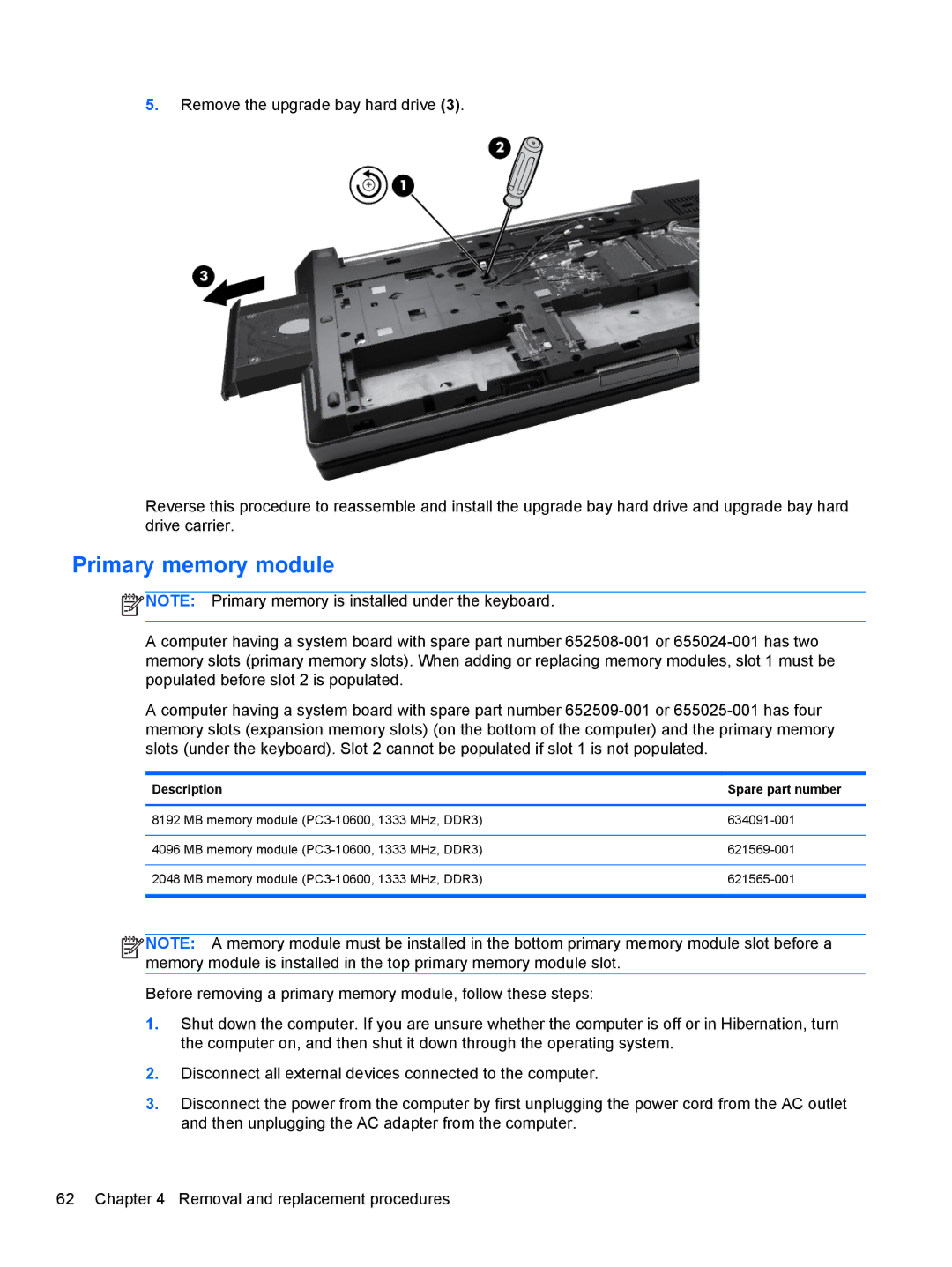 HP 8760w H3F93US 17.3' H3F93US#ABA, 8760w H3F93US 17.3' 8760W manual Primary memory module, Description Spare part number 