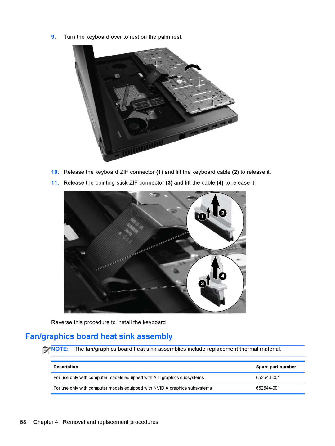 HP 8760w H3F93US 17.3' H3F93US#ABA manual Fan/graphics board heat sink assembly, Description Spare part number 