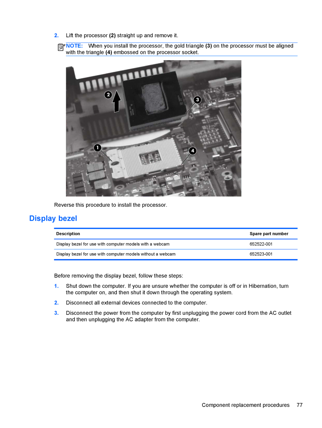 HP 8760w H3F93US 17.3' 8760W, 8760w H3F93US 17.3' H3F93US#ABA manual Display bezel, Description Spare part number 