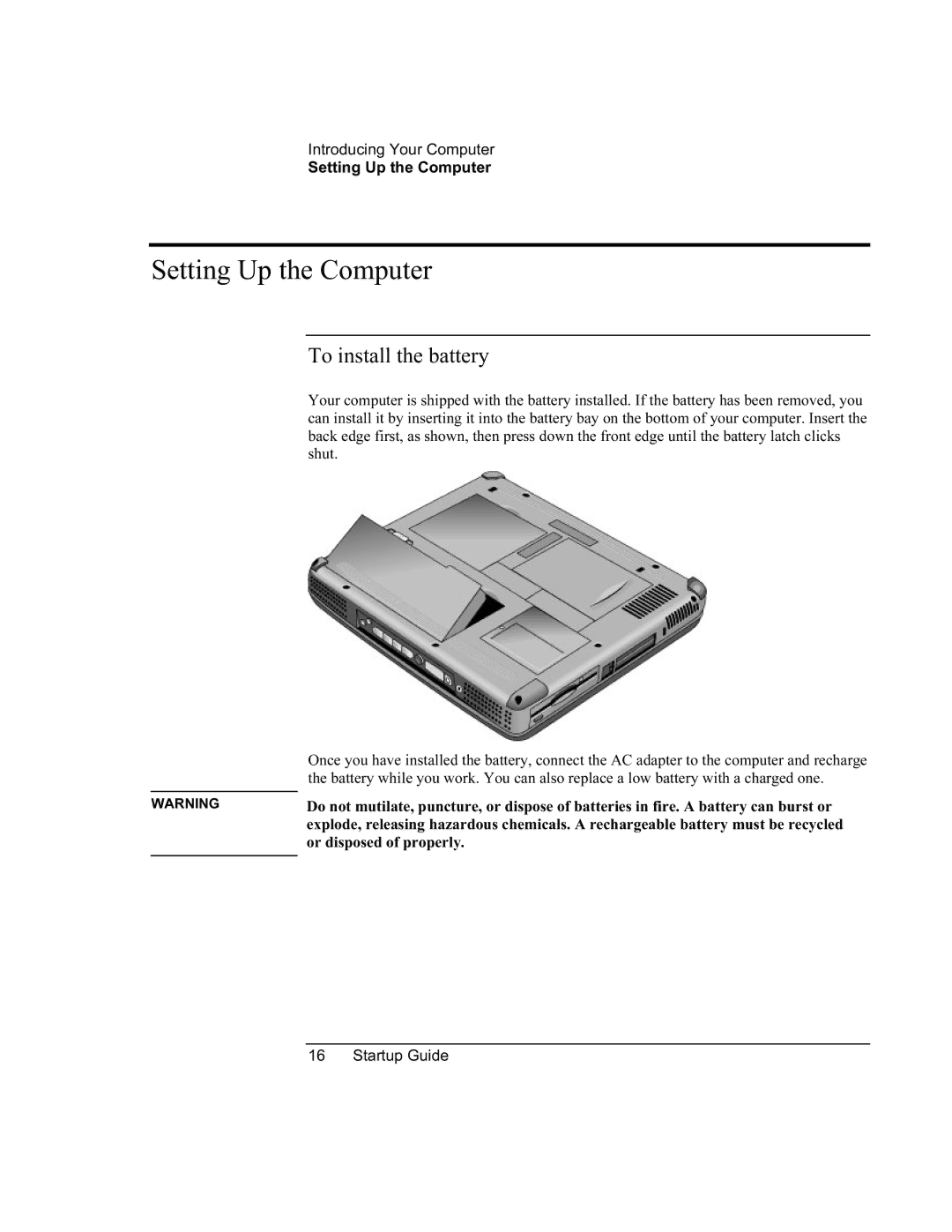 HP 8760w SQ575UP#ABA manual Setting Up the Computer, To install the battery 