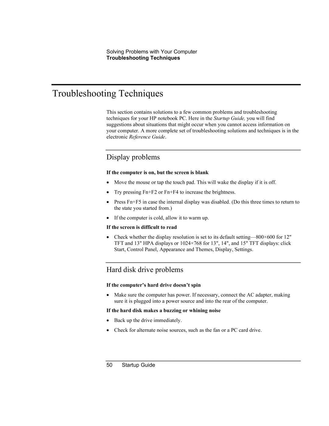 HP 8760w SQ575UP#ABA manual Troubleshooting Techniques, Display problems, Hard disk drive problems 