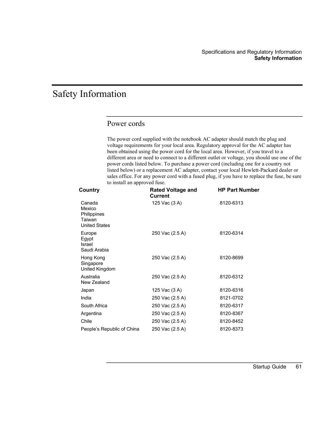 HP 8760w SQ575UP#ABA manual Safety Information, Power cords 