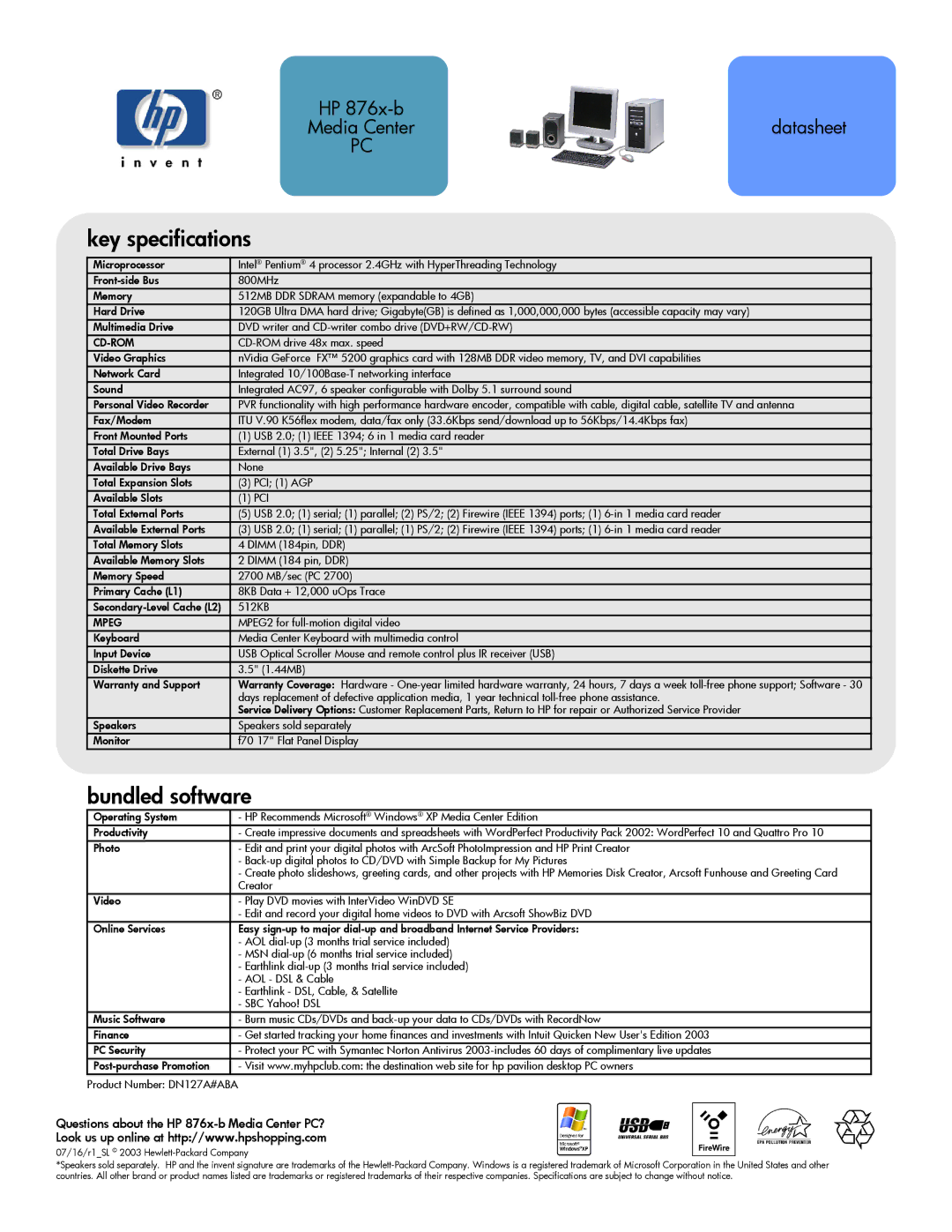 HP manual Key specifications, Bundled software, Questions about the HP 876x-b Media Center PC?, Cd-Rom, Mpeg 