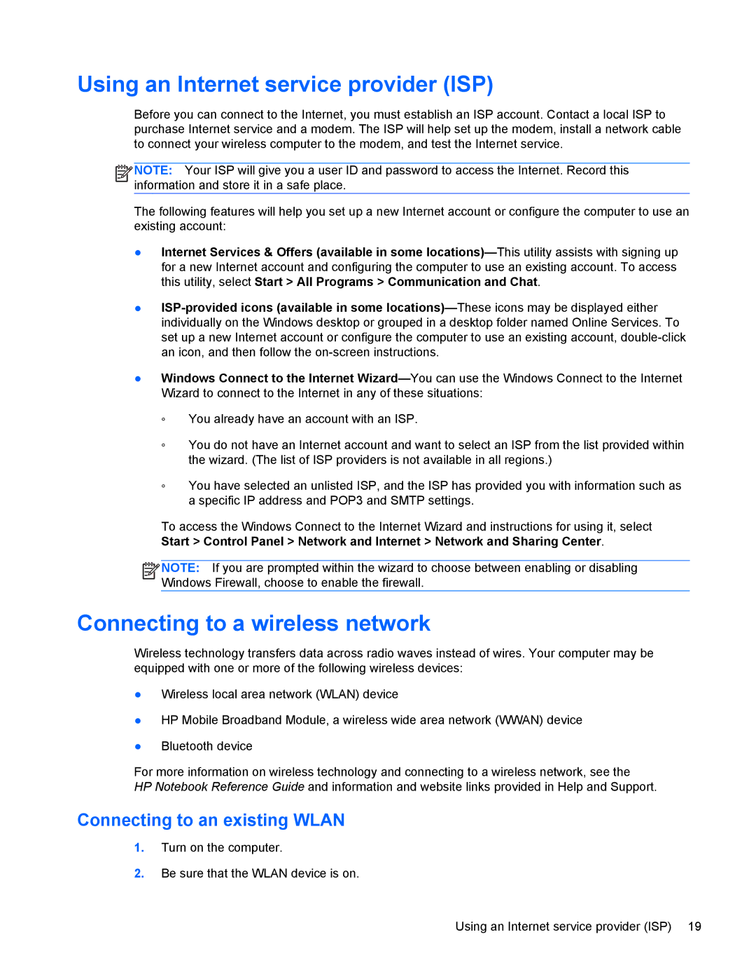 HP 8770w manual Using an Internet service provider ISP, Connecting to a wireless network, Connecting to an existing Wlan 