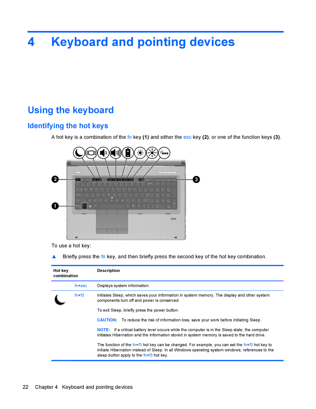 HP 8770w manual Keyboard and pointing devices, Using the keyboard, Identifying the hot keys 